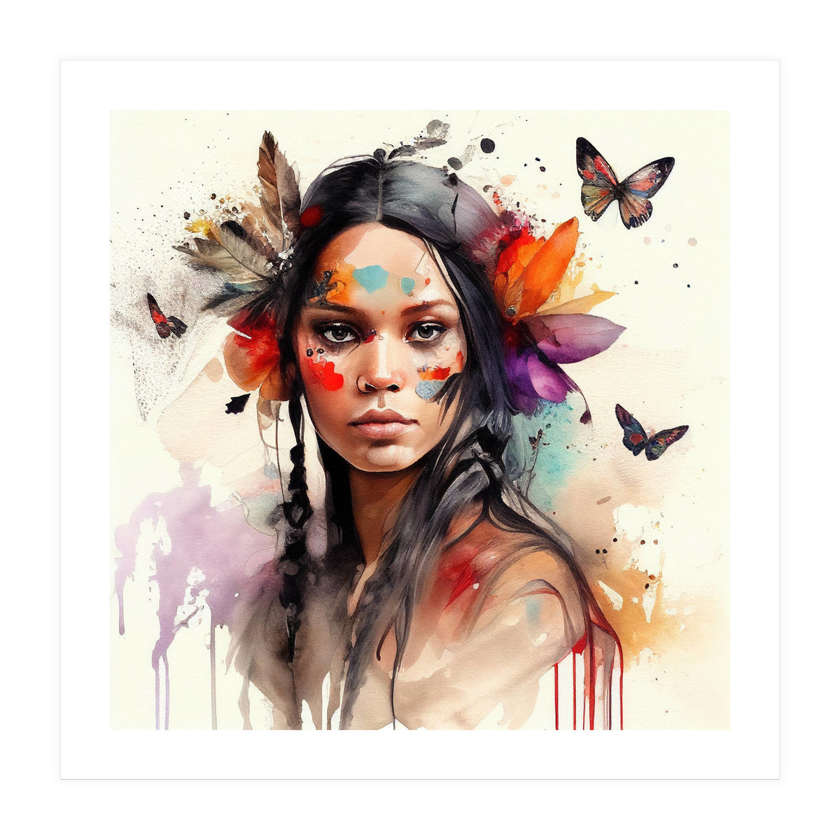 Watercolor Floral Indian Native Woman #6 (Print Only)