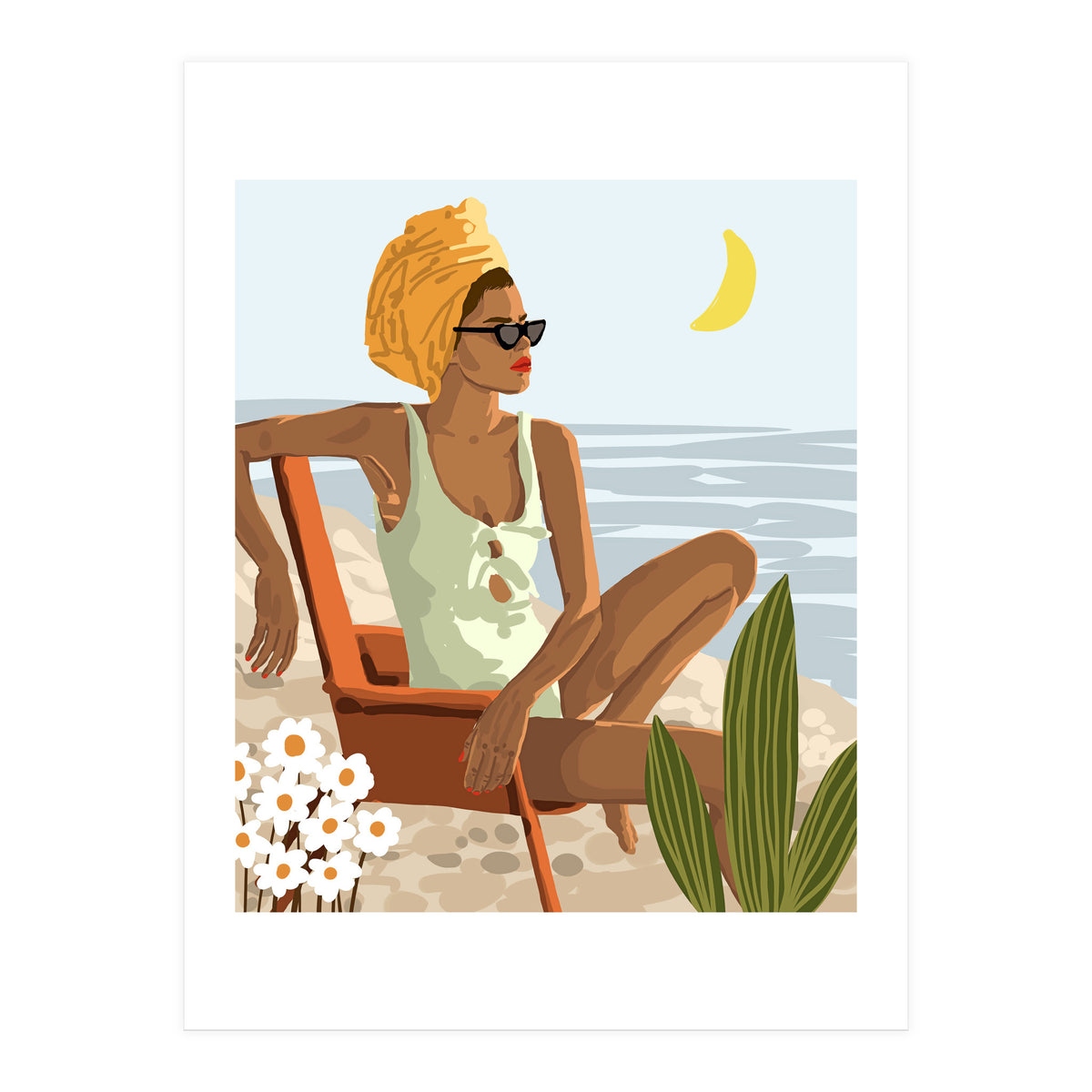 Moon Child, Beach Vacation, Black Woman Illustration Travel Ocean, Tropical Bohemian Fashion (Print Only)