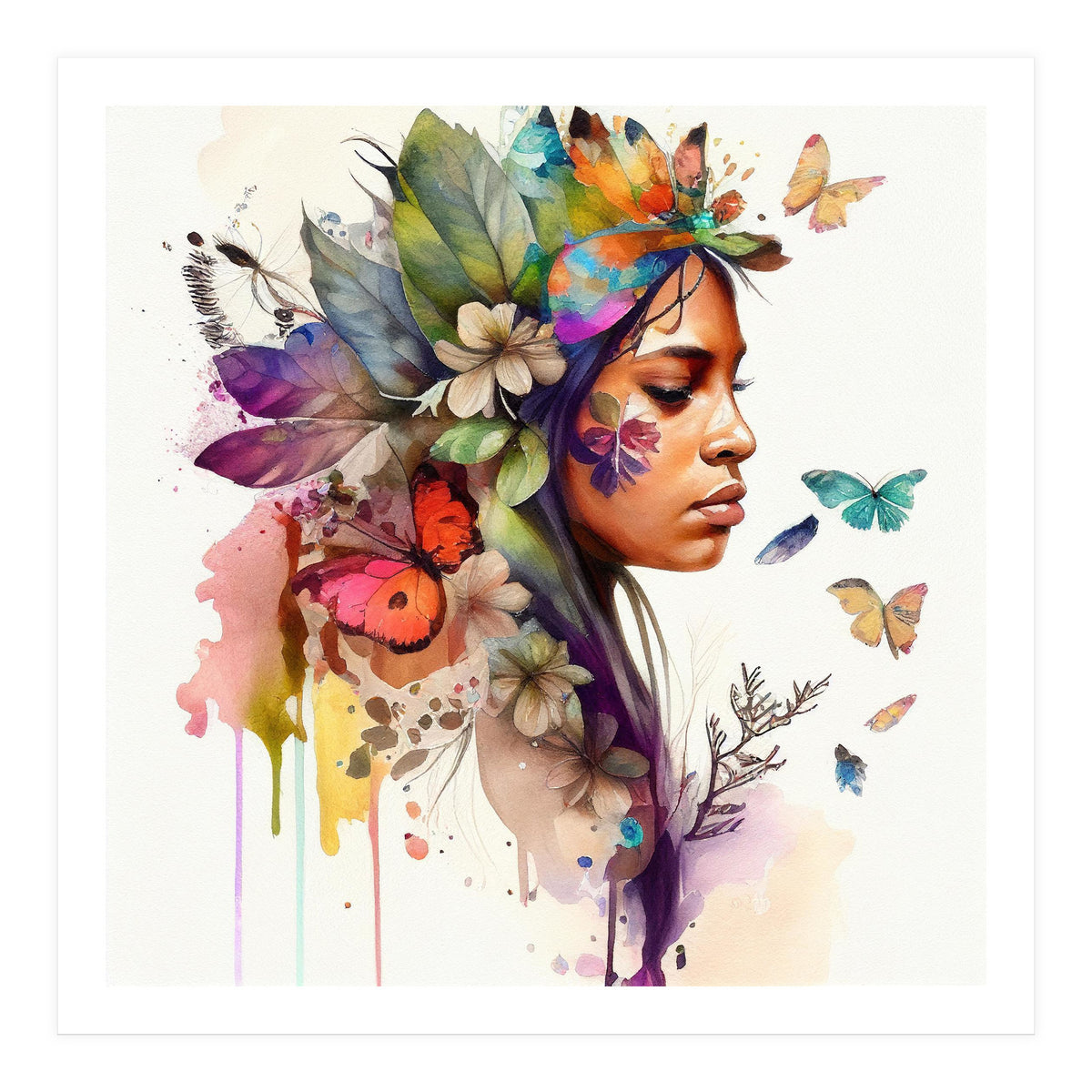 Watercolor Floral Indian Native Woman #10 (Print Only)