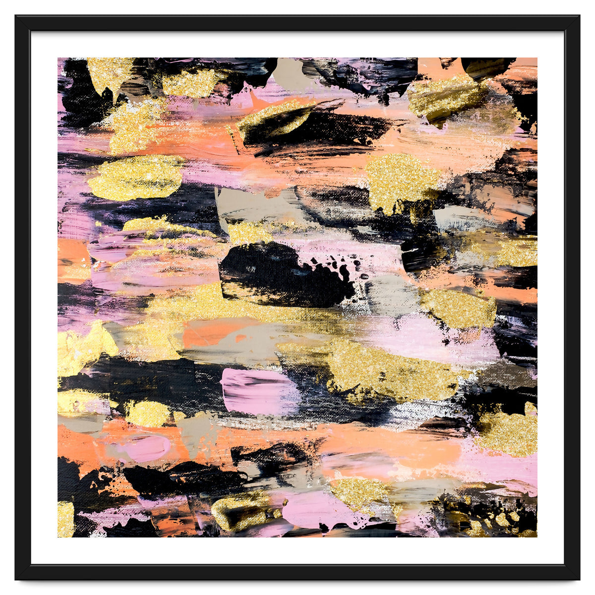 Modern Abstract Black Pink Salmon Gold Acrylic Brushstrokes Paint