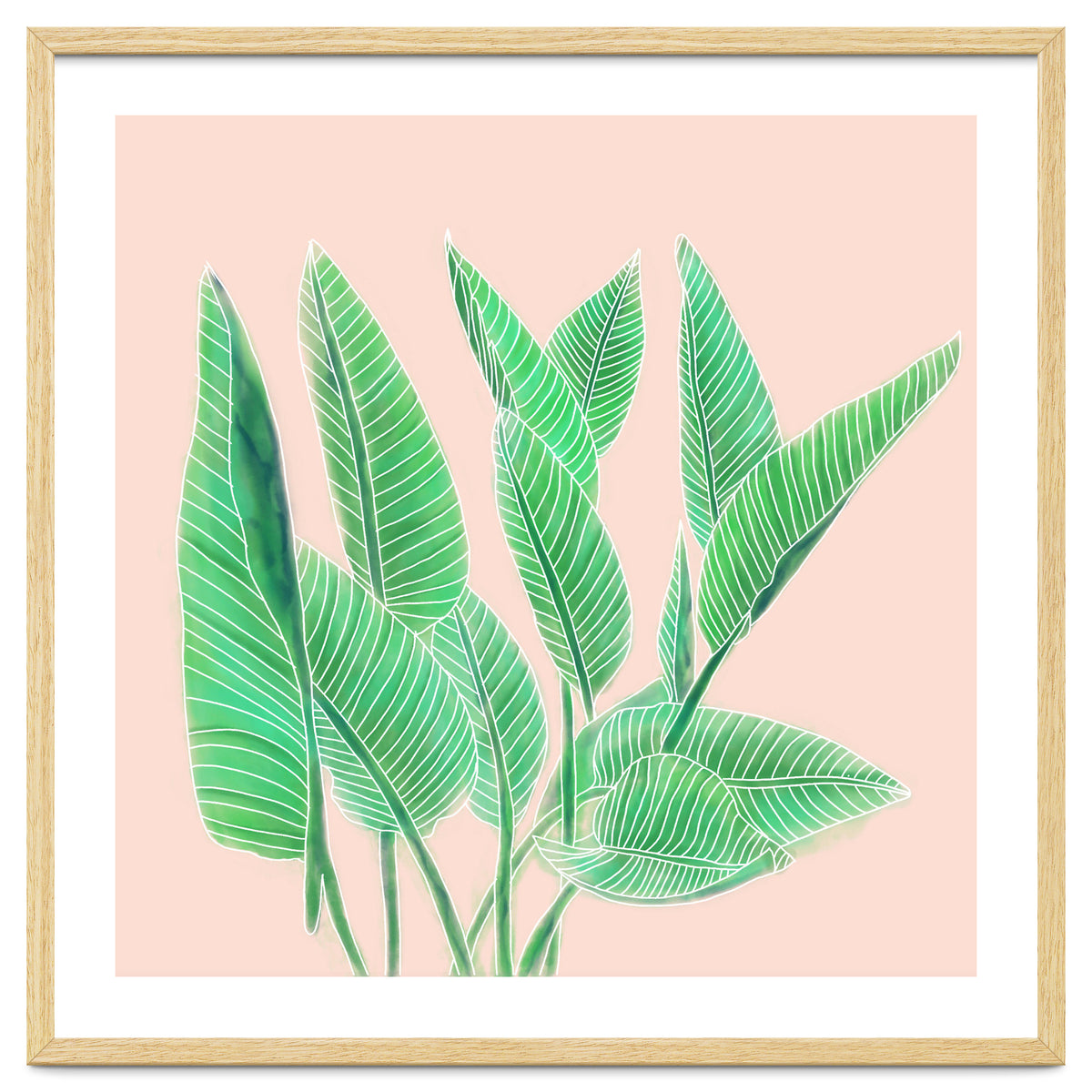 Modern Hand Painted Tropical Green Watercolor Leaf Bird Of Paradise On Pastel Pink
