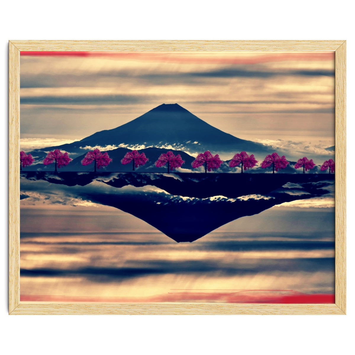 Reflection on Mount Fuji with cherry trees.