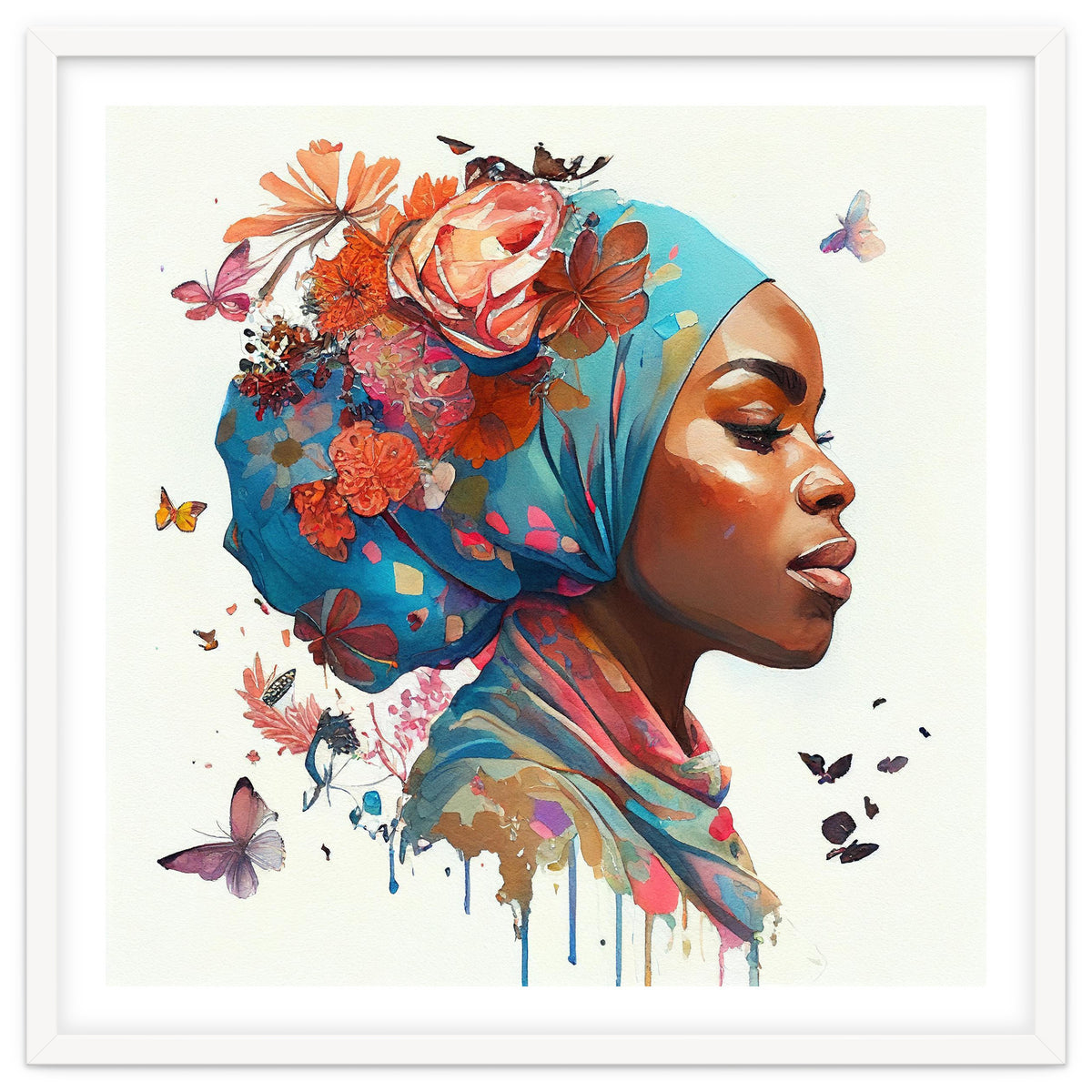 Watercolor Floral Muslim African Woman #2