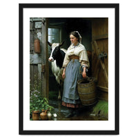 Farm Girl and Cow in Barn Oil Painting
