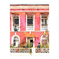 Monkey Business | Watercolor Tropical Goa Architecture Painting | Travel Pastel Pink Blush Building (Print Only)