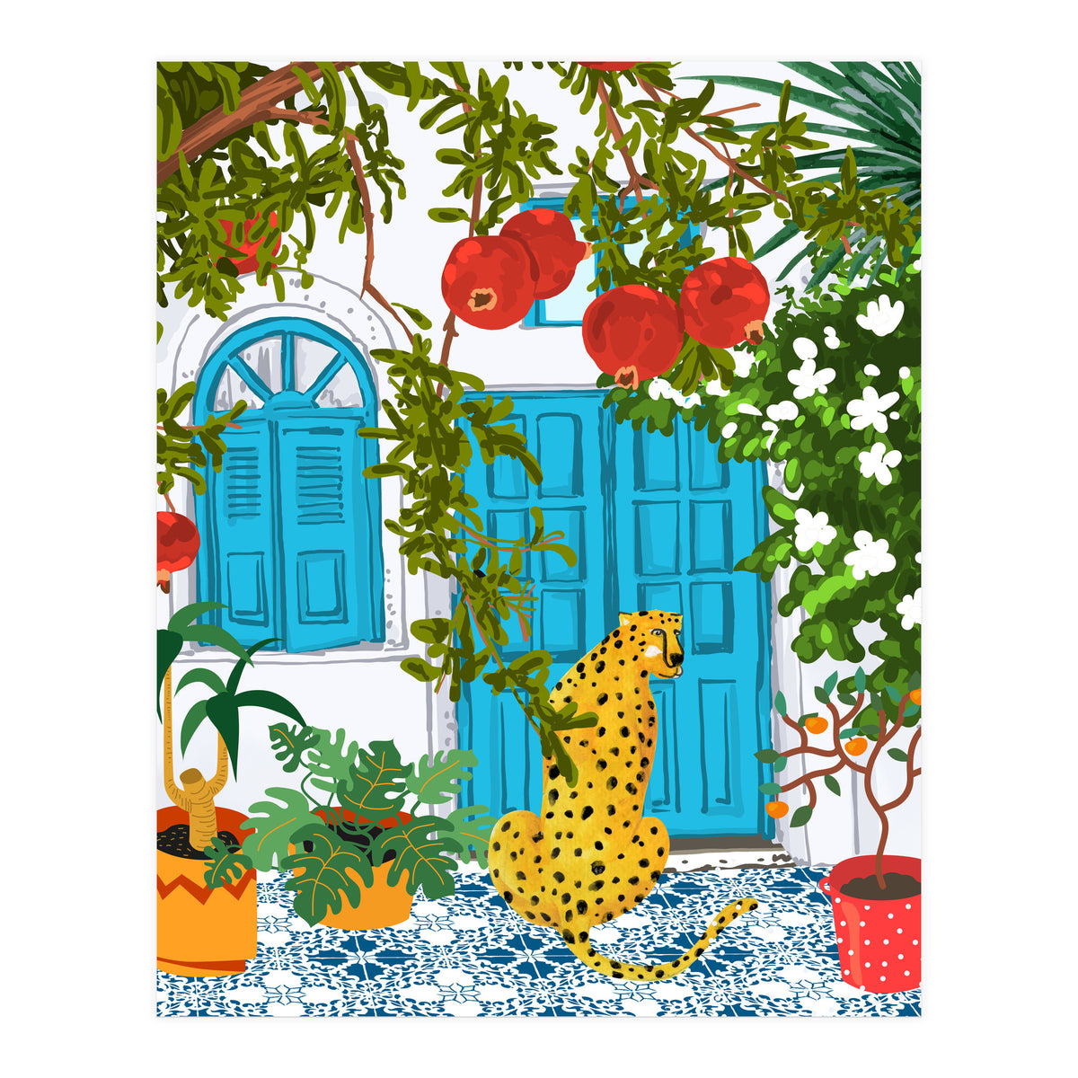 Cheetah Home, Morocco Architecture Illustration, Greece Cats Tropical Urban Jungle Pomegranate  (Print Only)