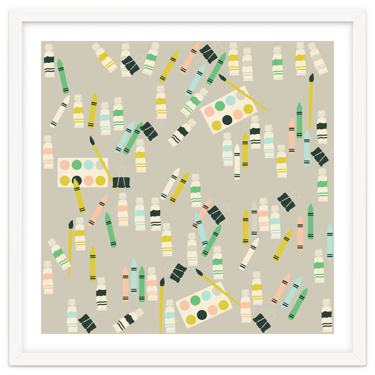 Artist pattern with crayons, watercolors and acrylic paint