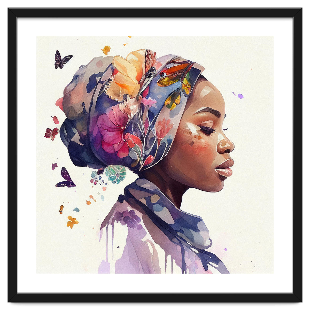 Watercolor Floral Muslim African Woman #1