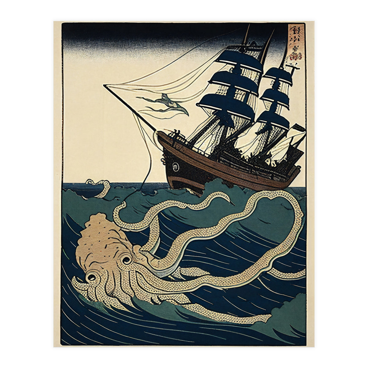 Giant Squid Attacking Ship Japanese Woodblock Print (Print Only)
