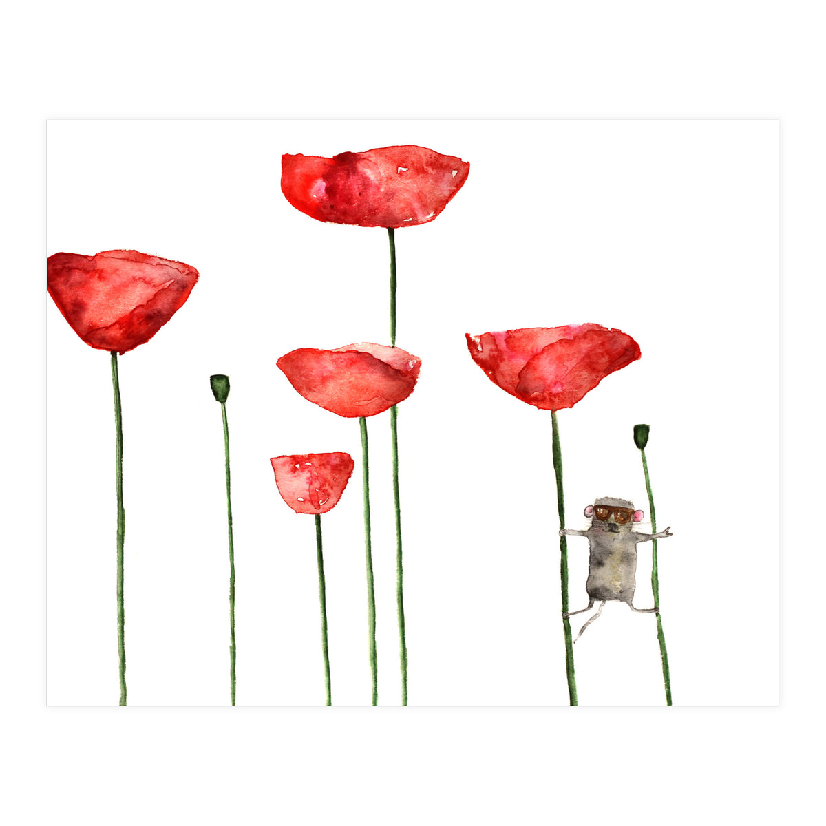 Little mouse loves big poppies || watercolor for nursery (Print Only)