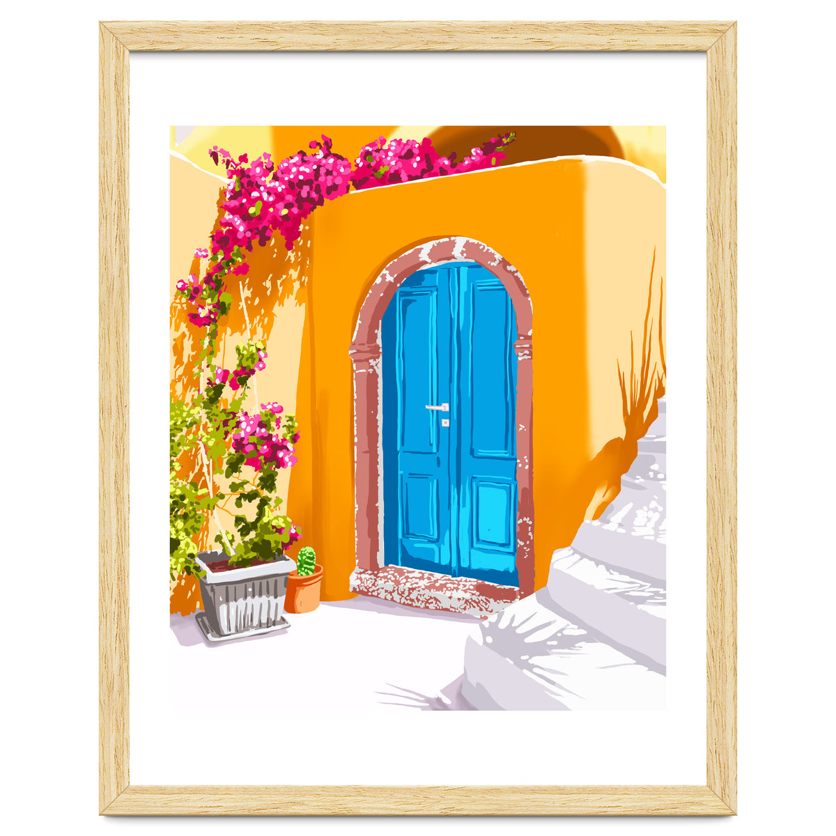 Sunny Morocco, Summer Architecture Greece Travel Painting, Boungainvillea Tropical Floral