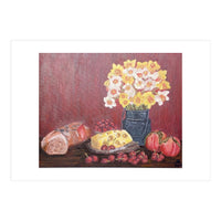Still life with cheese, daffodils on a red background. (Print Only)