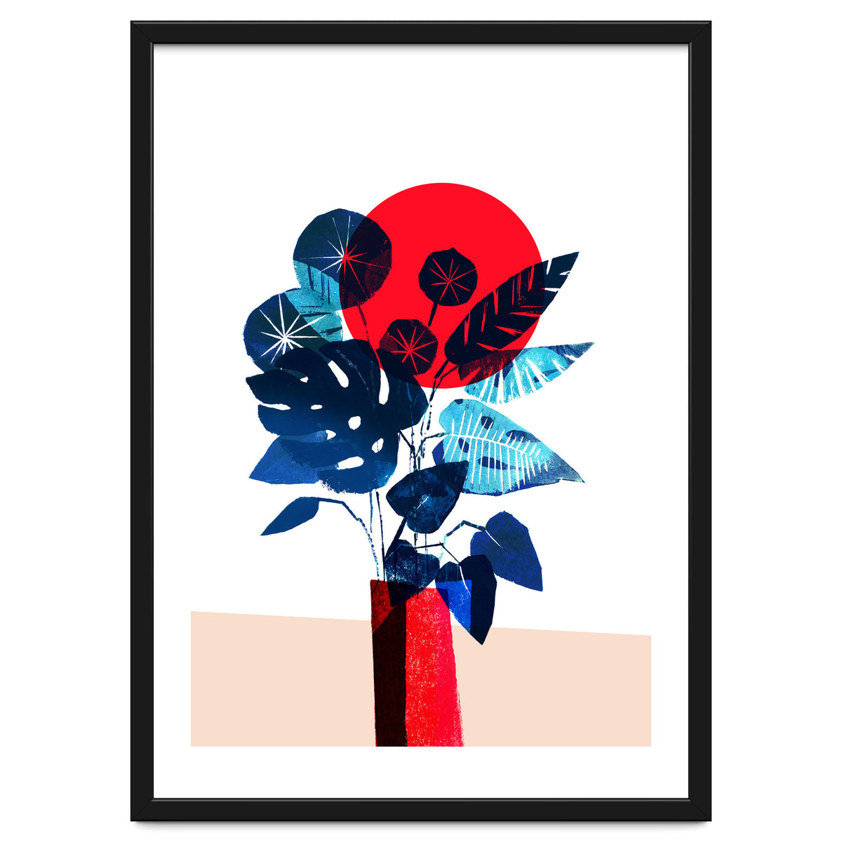 Blue Flowers in Red Vase