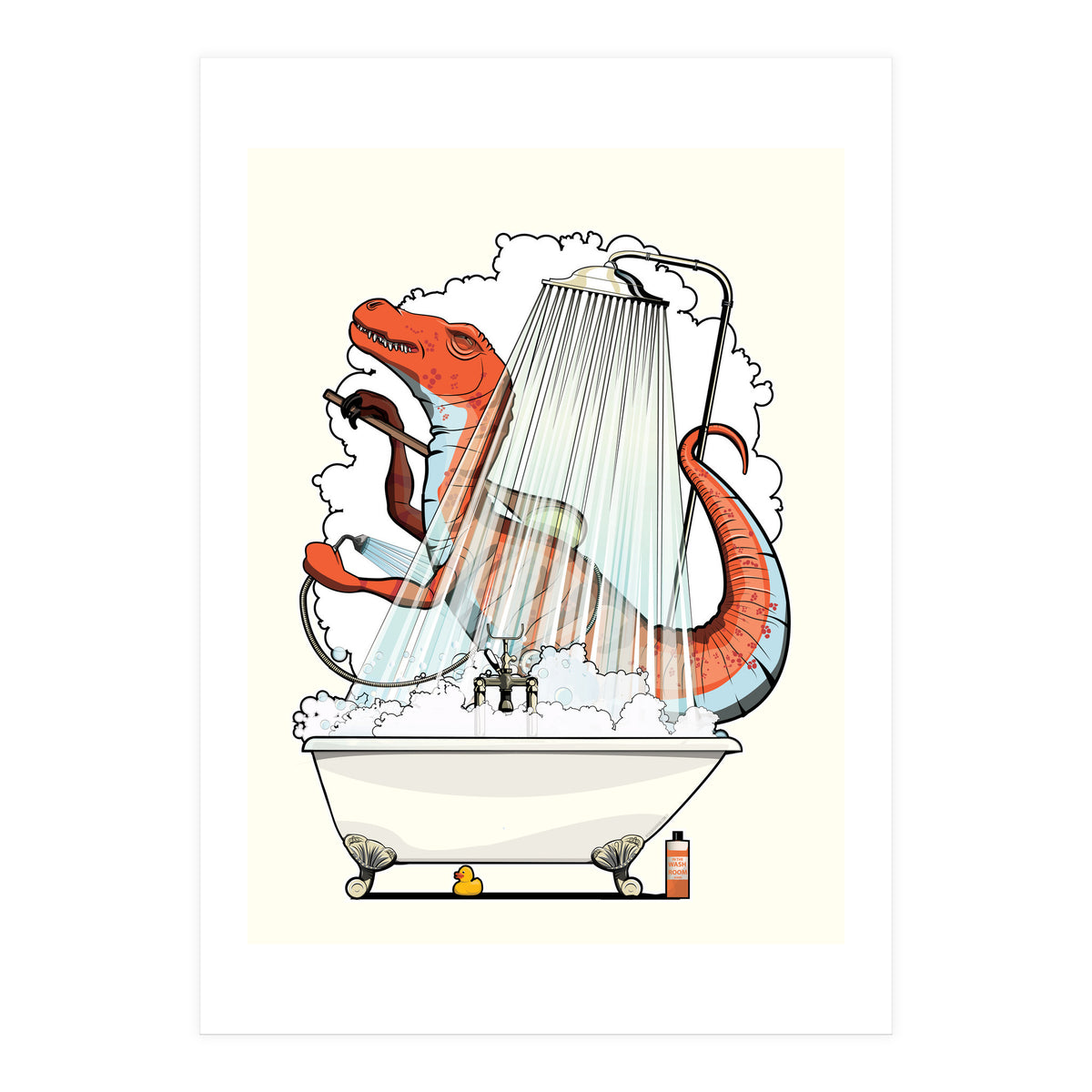 Dinosaur Velociraptor in the Shower, funny bathroom humour (Print Only)