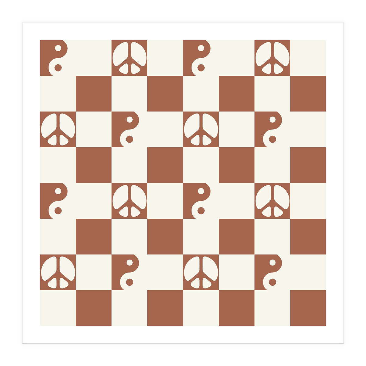 Checkered Peace Symbol & Yin Yang Pattern \\ Beige & Brown Color Palette (Print Only)