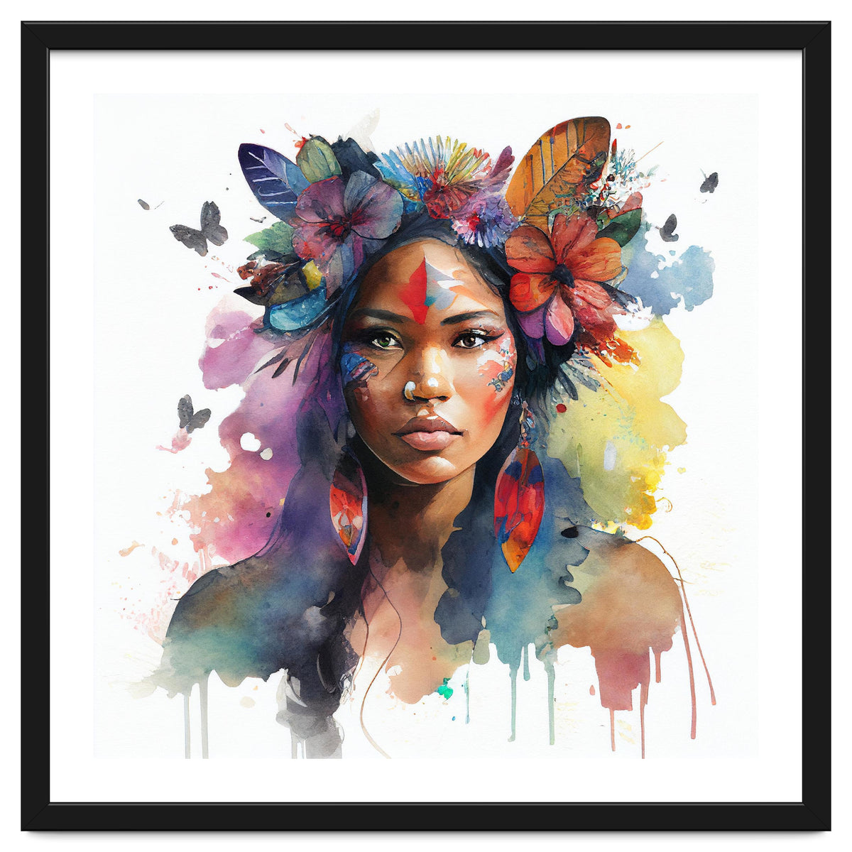 Watercolor Floral Indian Native Woman #1