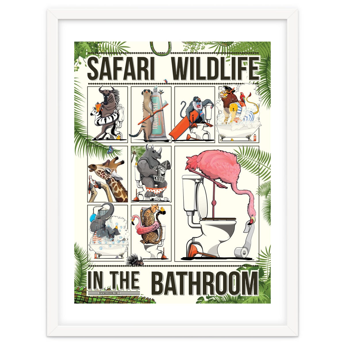 Safari wildlife animals in the bathroom, funny toilet humour.