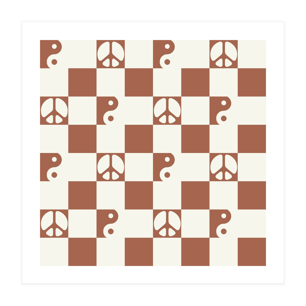 Checkered Peace Symbol & Yin Yang Pattern \\ Beige & Brown Color Palette (Print Only)