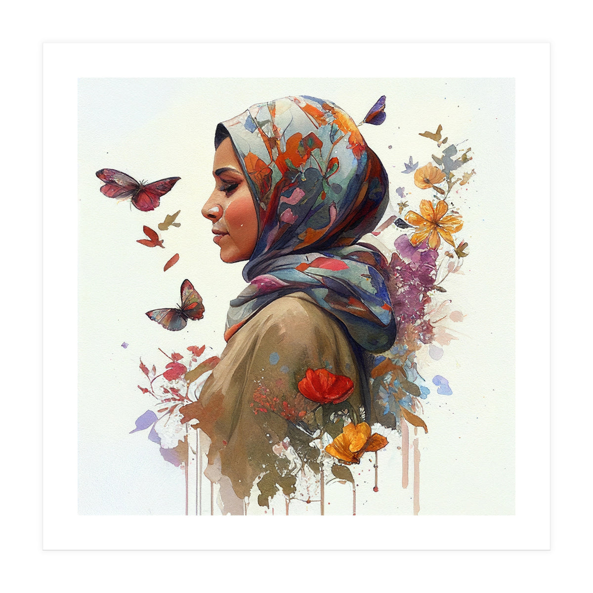 Watercolor Floral Muslim Woman #2 (Print Only)