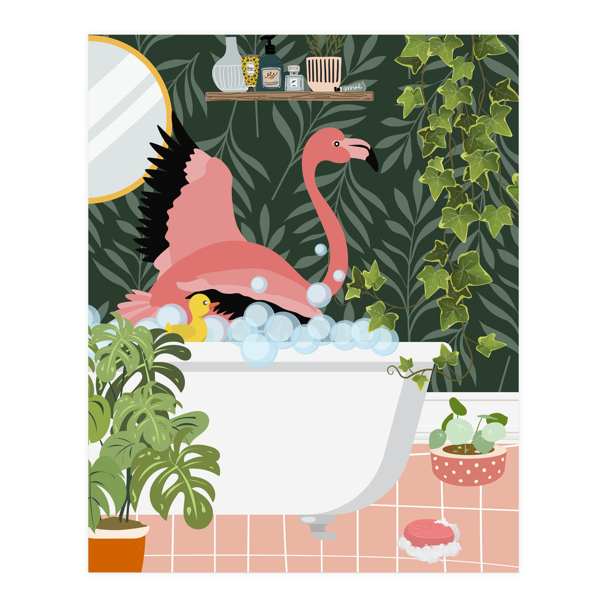 Flamingo Taking a Bubble Bath (Print Only)