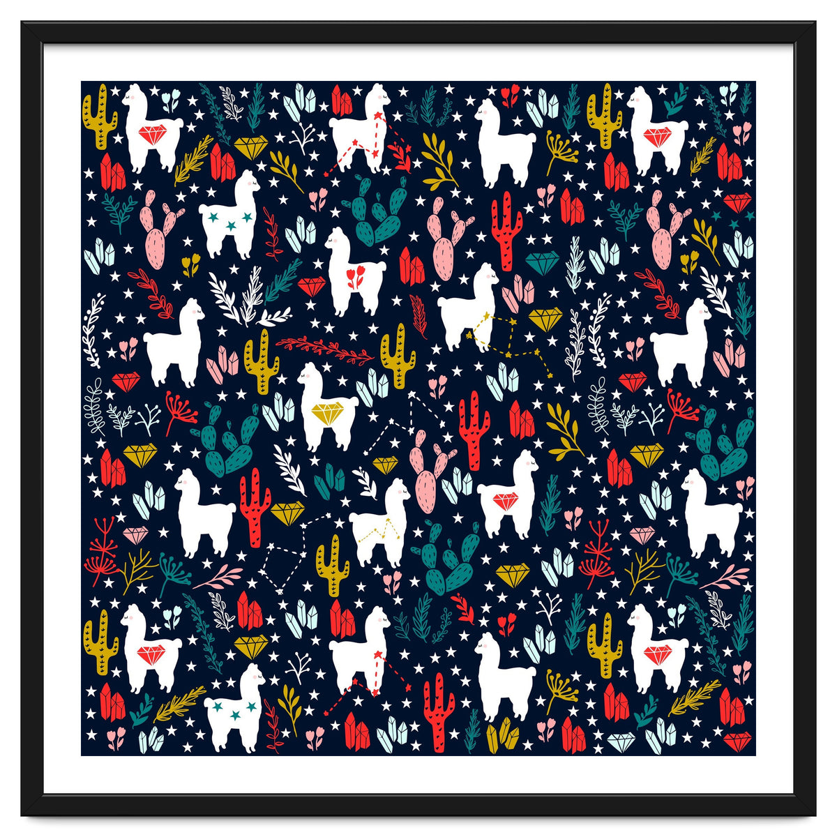 Cute Alpaca Pattern with Cacti, Stars and Crystals