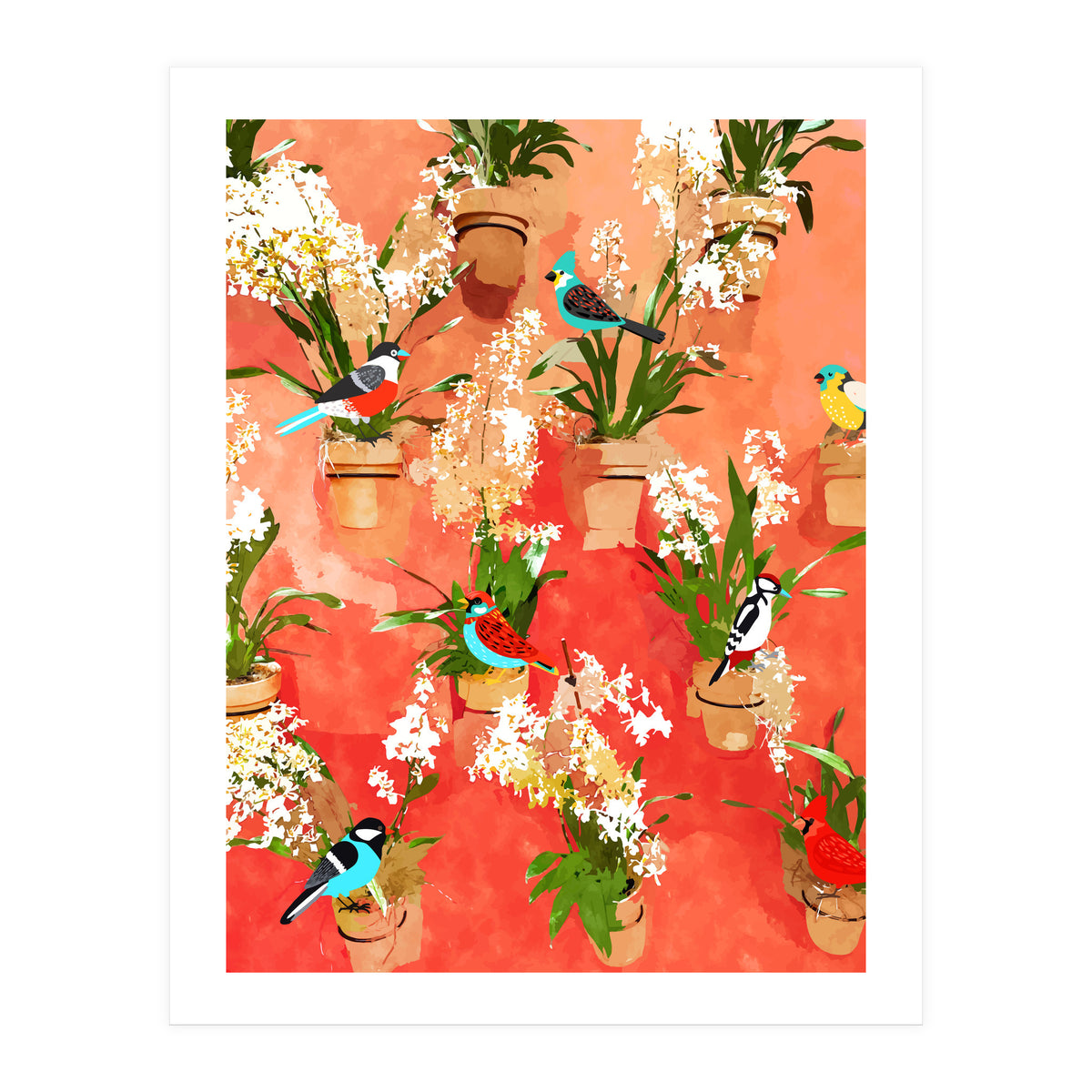 Birds of different feathers flock together | Biodiversity Wildlife Animals Red Watercolor Painting (Print Only)