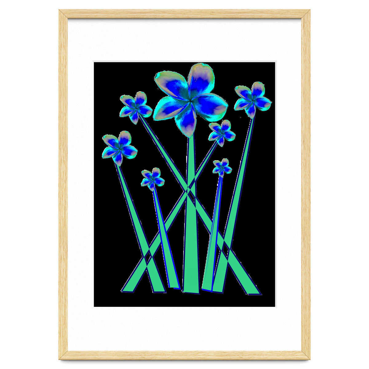 Blue flowers on black.