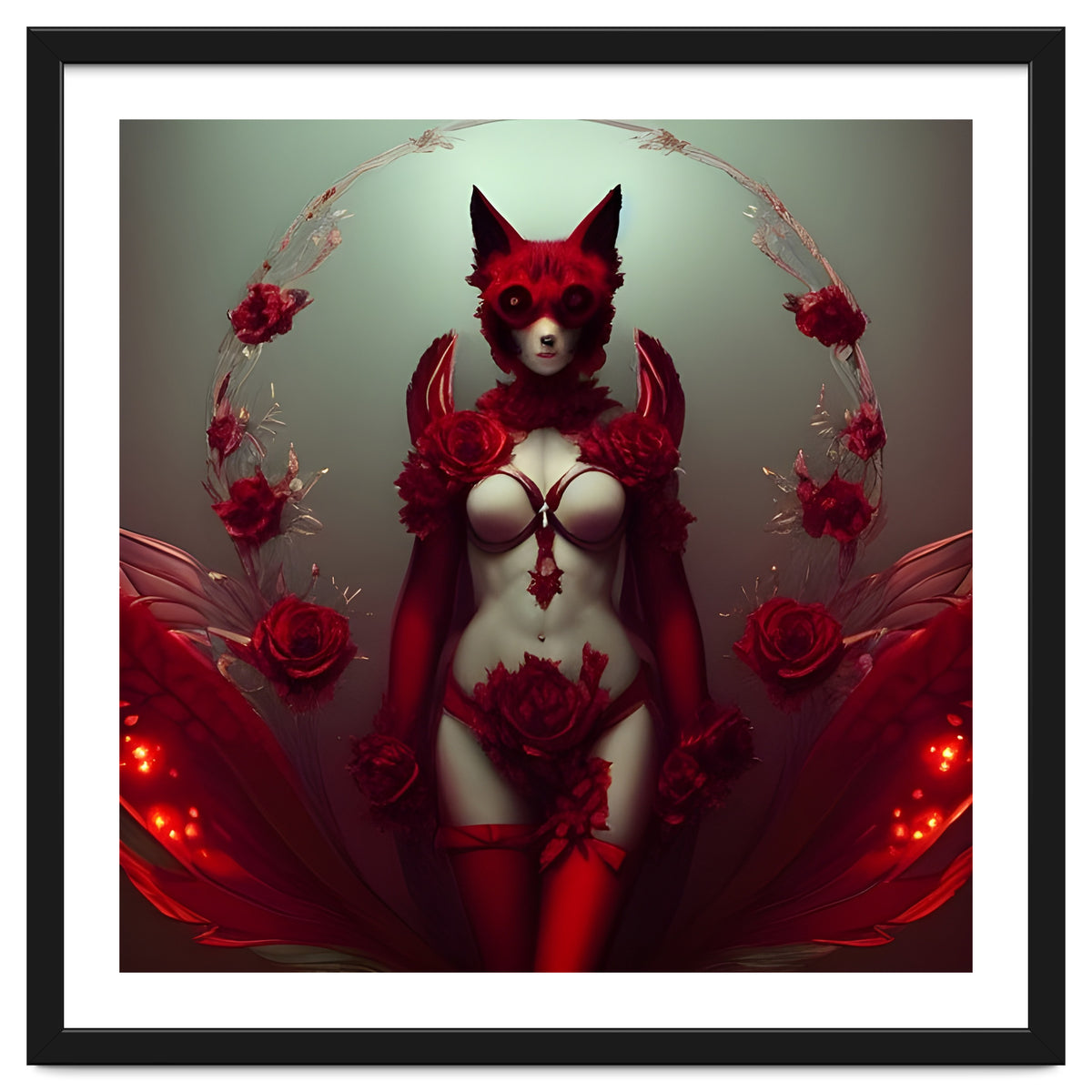 Red Floral Fox Vixen in Lingerie with Roses