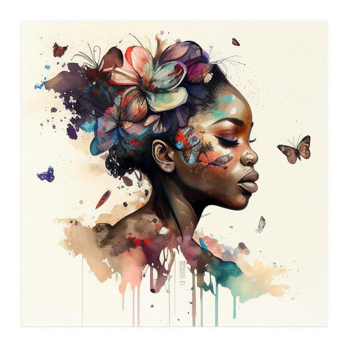 Watercolor Butterfly African Woman #11 (Print Only)