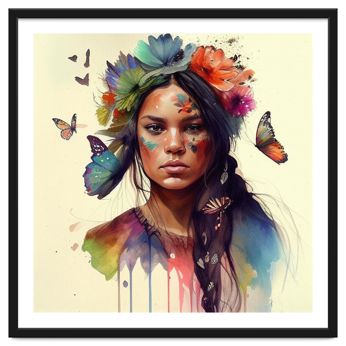 Watercolor Floral Indian Native Woman #11