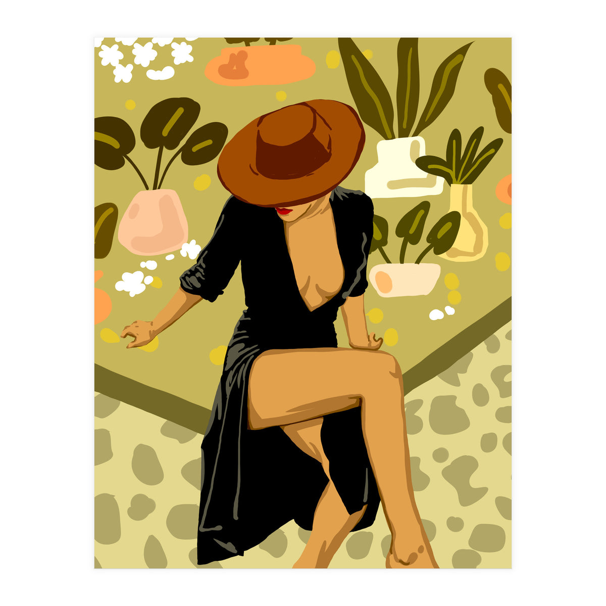 Make it Worth Their While, High Fashion Brown Woman Illustration, Plant Lady Little Black Dress (Print Only)