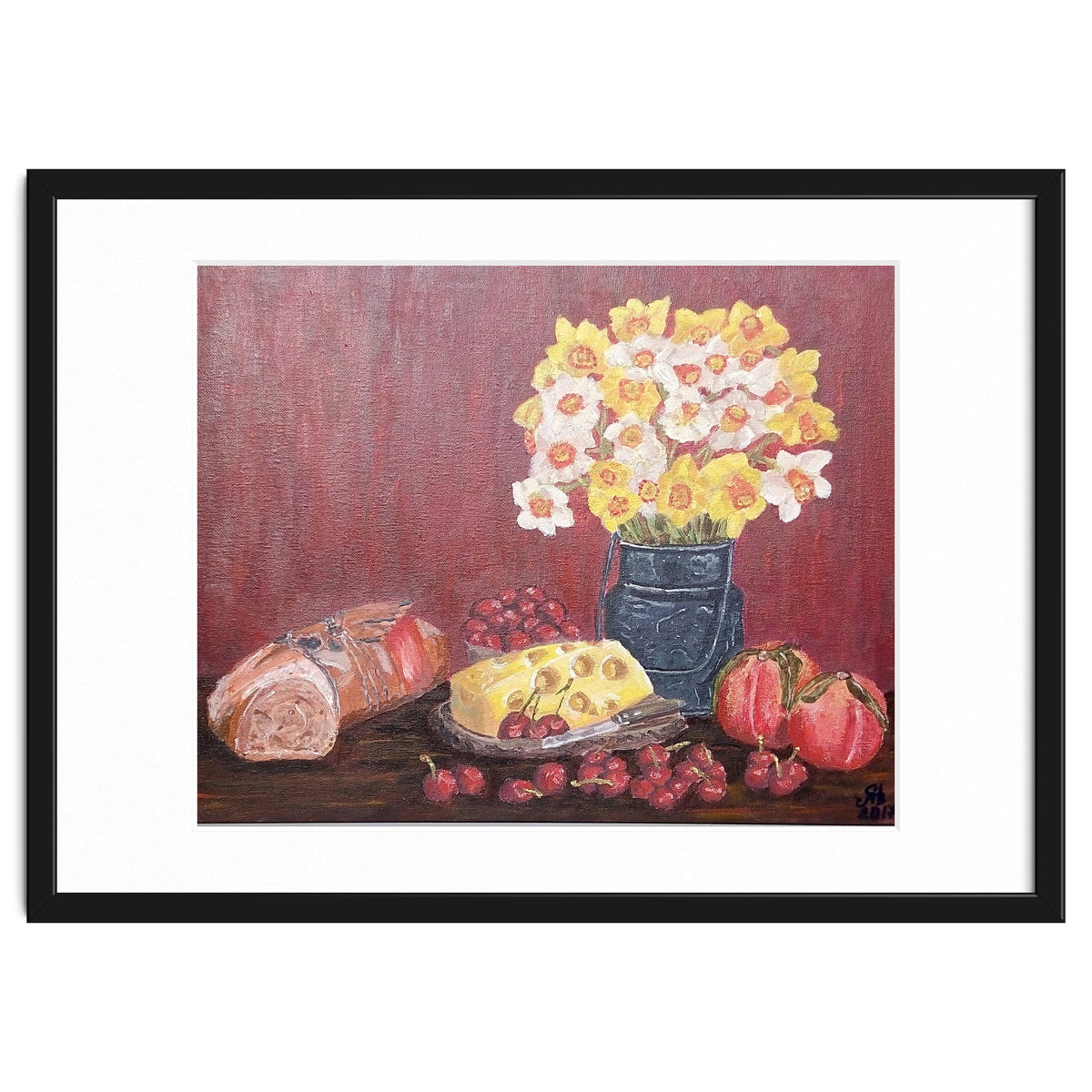 Still life with cheese, daffodils on a red background.