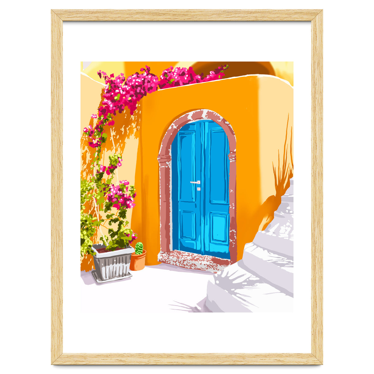 Sunny Morocco, Summer Architecture Greece Travel Painting, Boungainvillea Tropical Floral