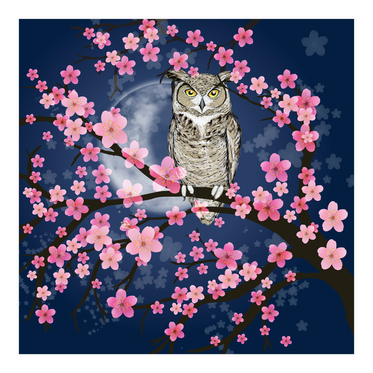 Great horned owl in a blossom tree (Print Only)