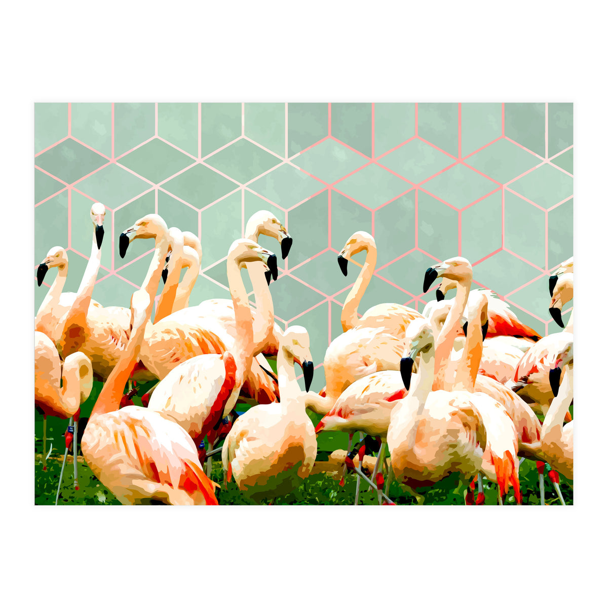 Flamingle Abstract Digital, Flamingo Wildlife Painting, Birds Geometric Collage  (Print Only)