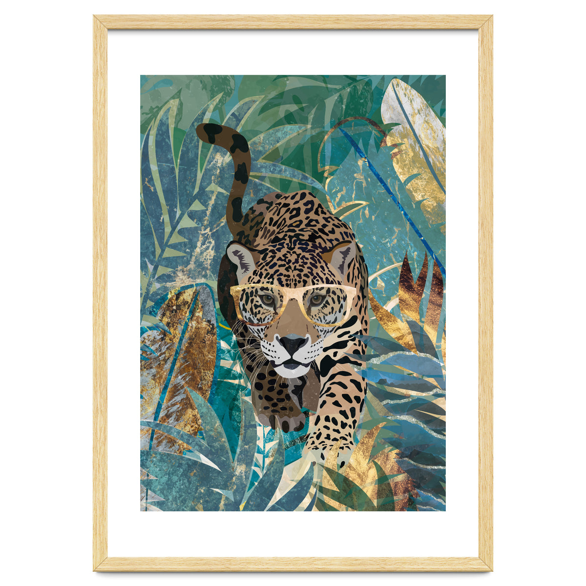 Jaguar in the gold and green tropical jungle