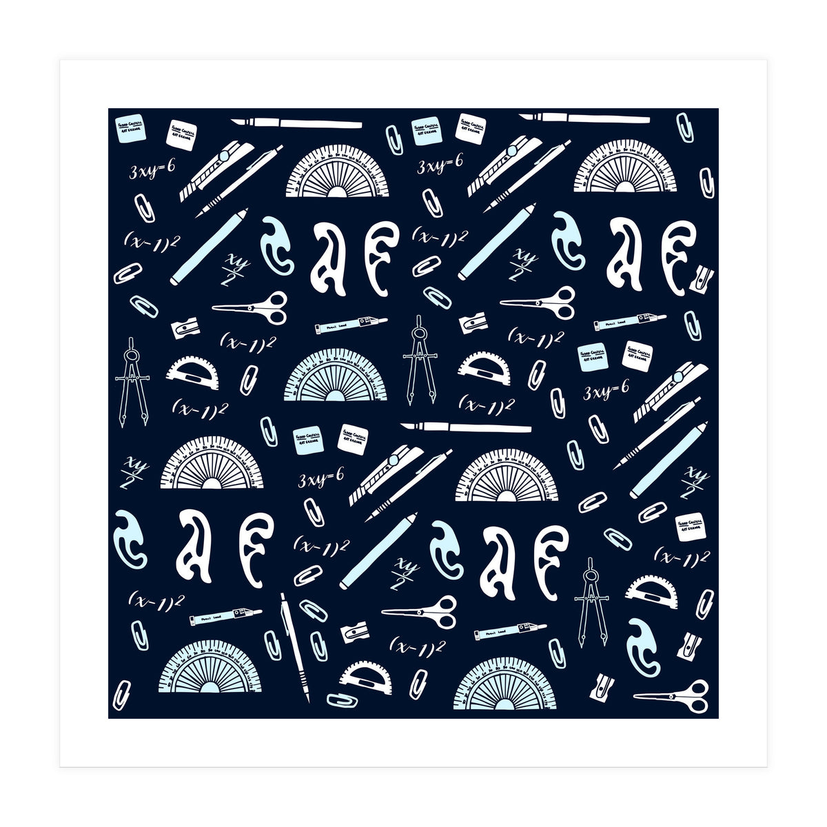 Mathematics and Geometry Pattern with protractors, mechanical pencils and erasers (Print Only)