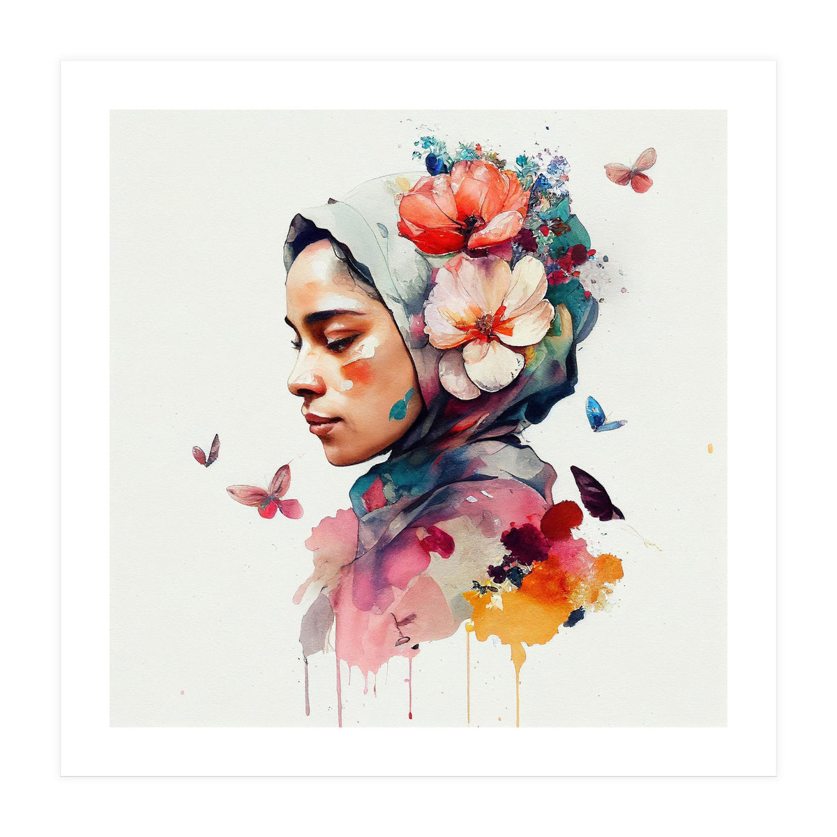 Watercolor Floral Muslim Woman #3 (Print Only)