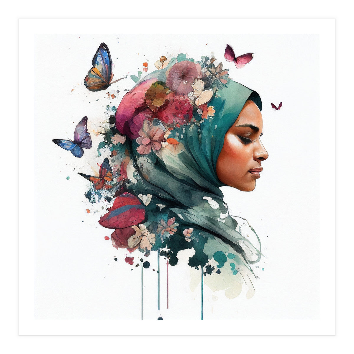 Watercolor Floral Muslim Woman #4 (Print Only)