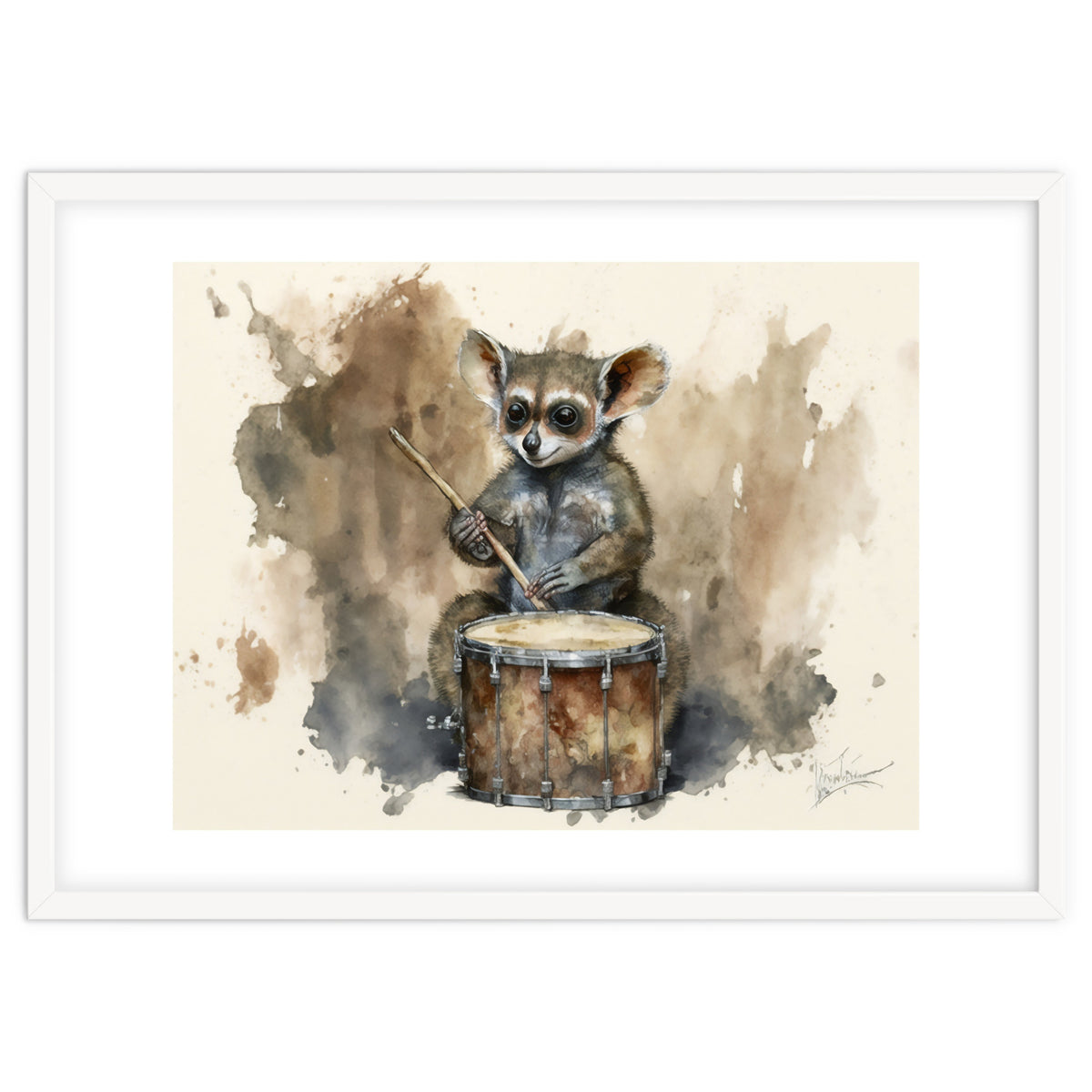 Bush Baby Playing Drum Watercolor Painting