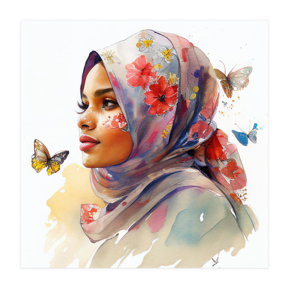 Watercolor Floral Muslim Arabian Woman #1 (Print Only)