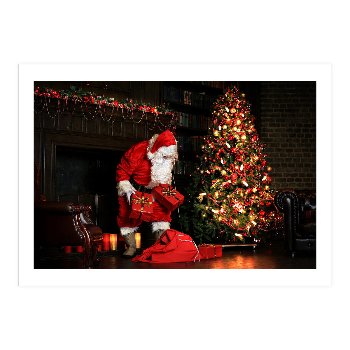 Santa Claus put his Christmas gift under the Xmas tree at midnight (Print Only)