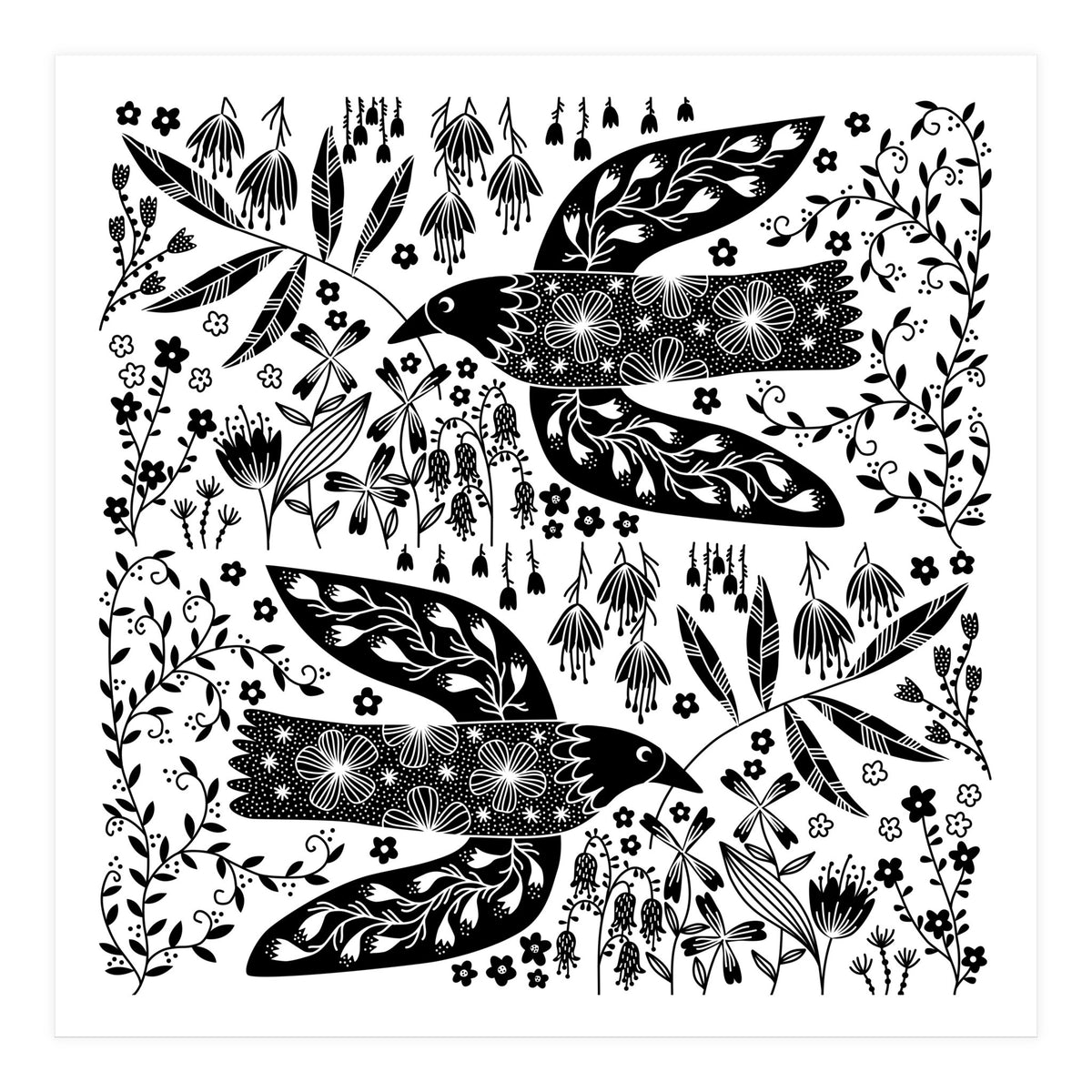 Doves And Flowers Black & White (Print Only)