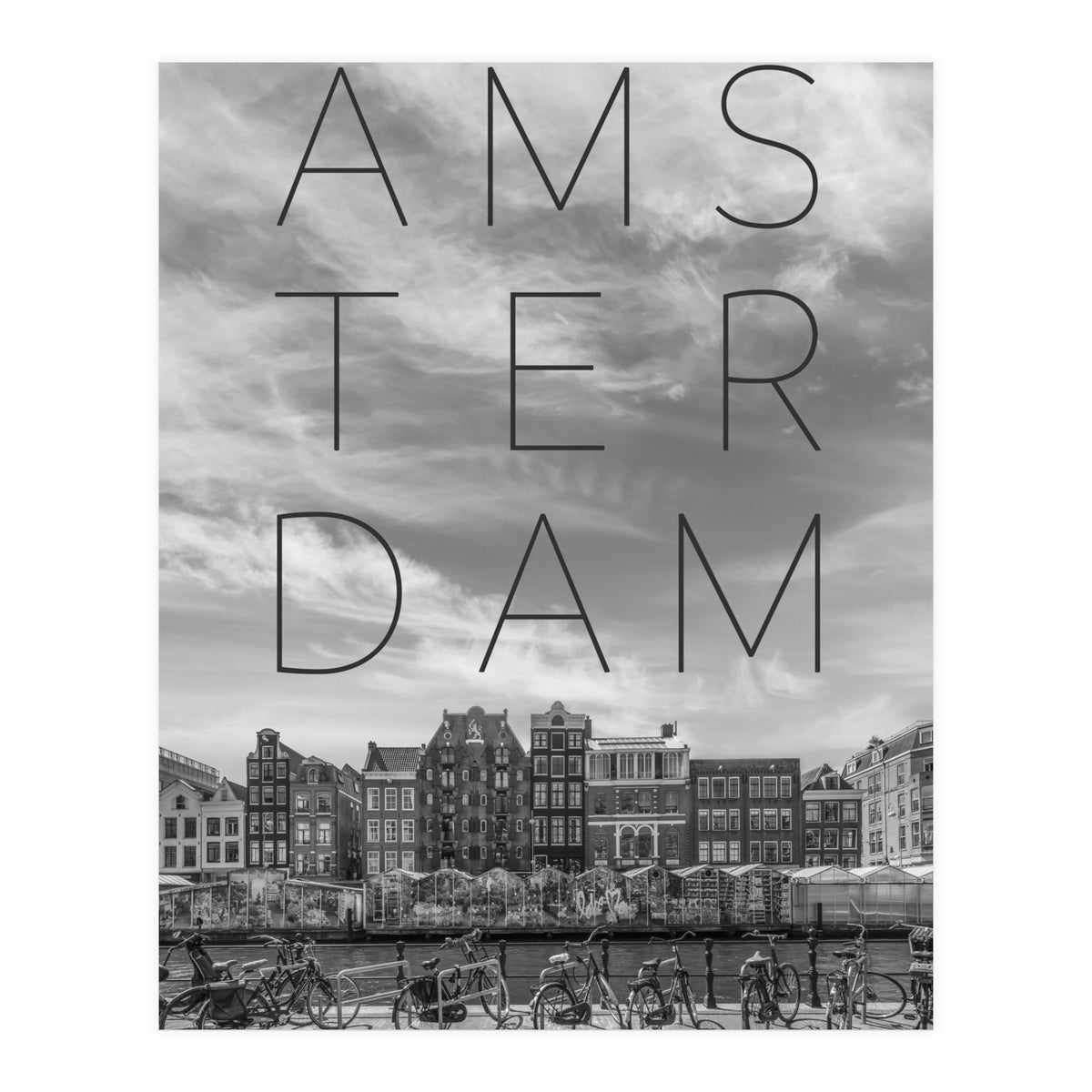 AMSTERDAM Singel Canal with Flower Market | Text & Skyline (Print Only)
