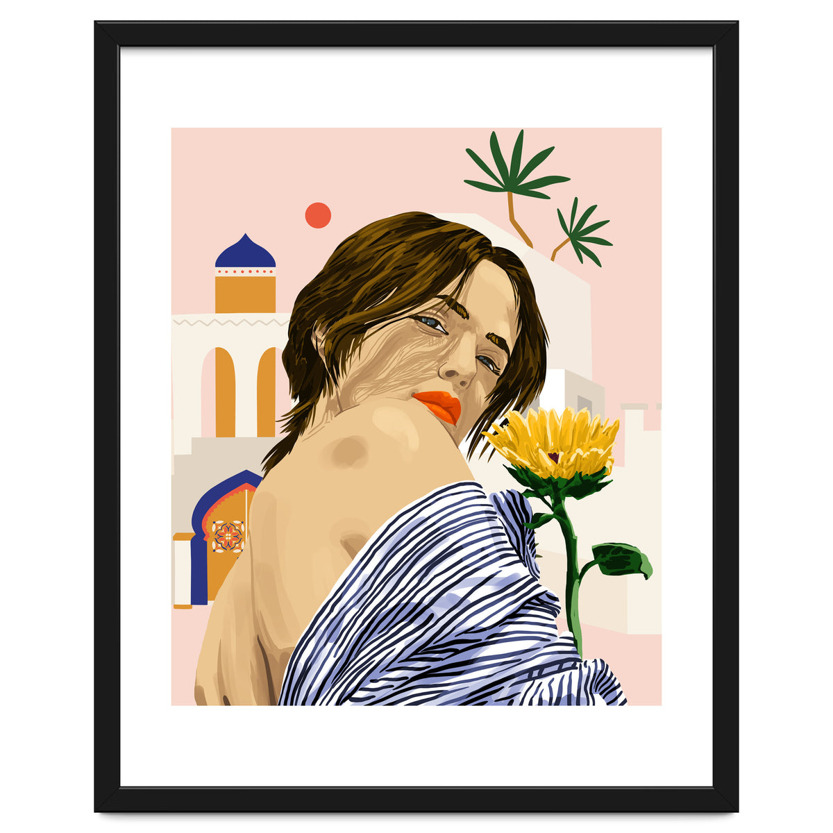 I Travel, I Become | Morocco Architecture Illustration, Bohemian Woman Tropical Sunflower Boho Palm