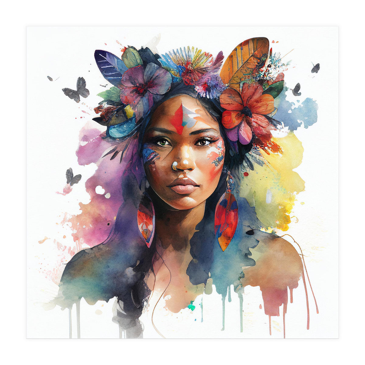 Watercolor Floral Indian Native Woman #1 (Print Only)