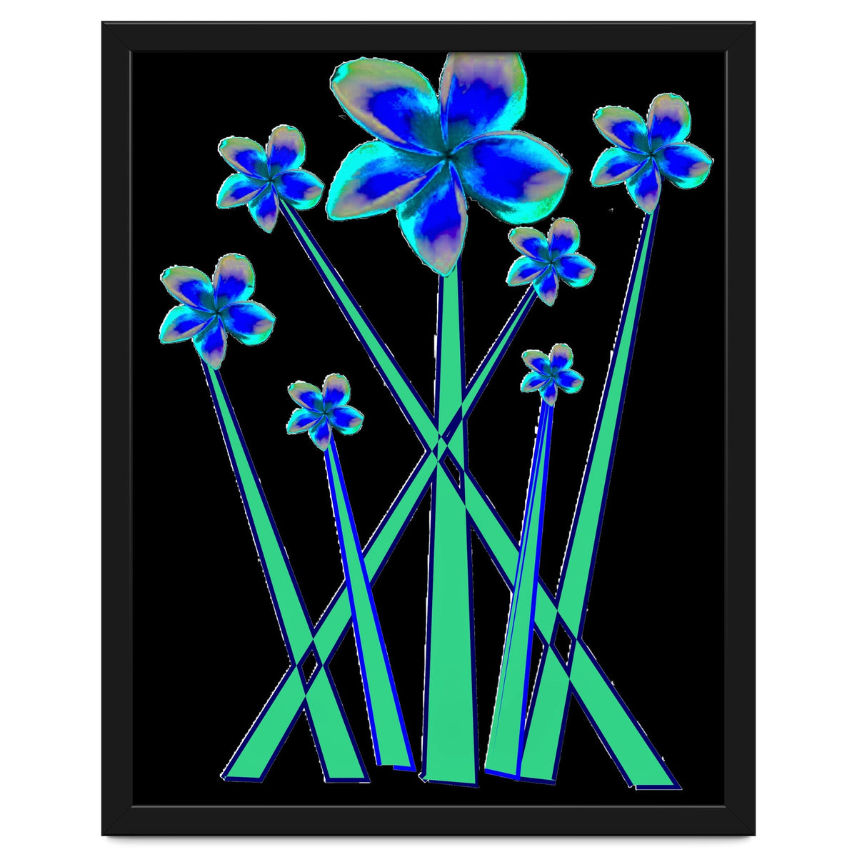 Blue flowers on black.