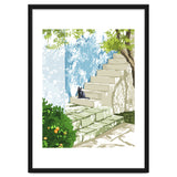 Black cat on the steps Poster, Greece Santorini summer travel pet painting thumbnail