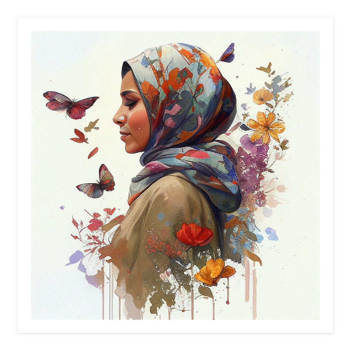 Watercolor Floral Muslim Woman #2 (Print Only)