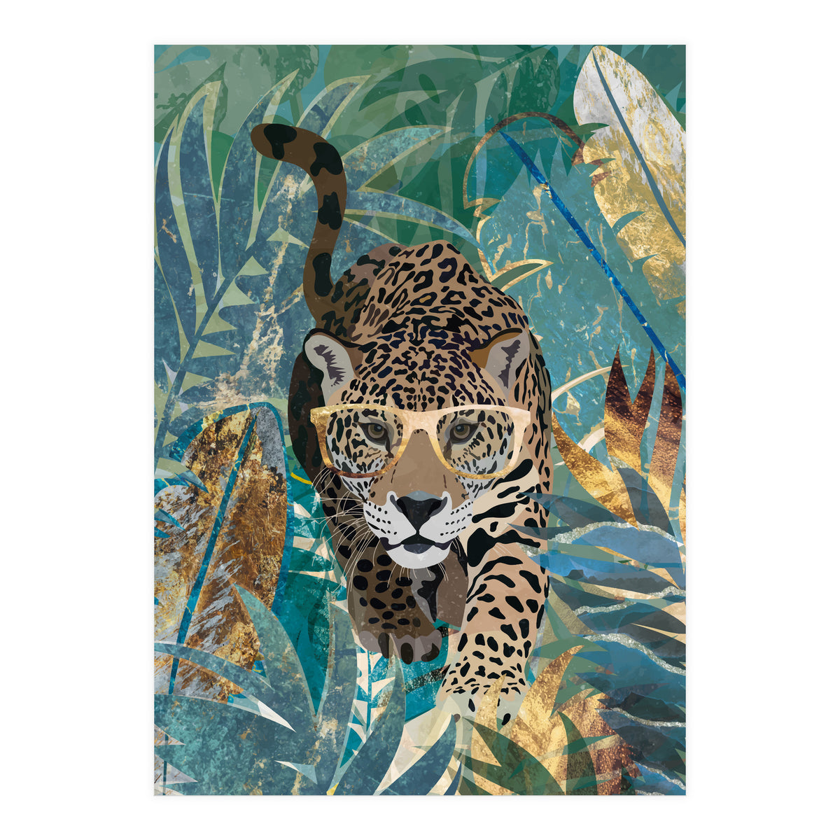 Jaguar in the gold and green tropical jungle (Print Only)